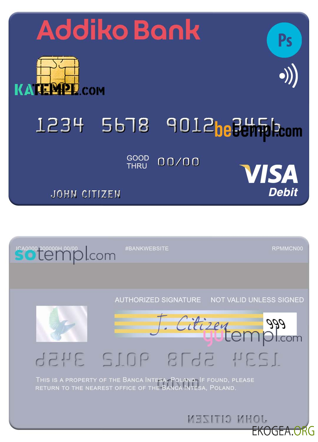 Modèle de carte de débit visa Slovénie Addiko Bank au format PSD